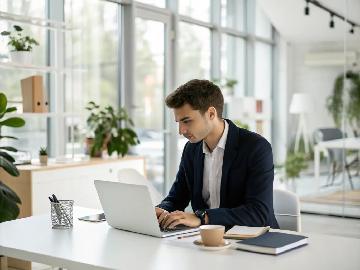 An entrepreneur working on a laptop in a co-working space, symbolizing the support and guidance provided through entrepreneurial coaching.