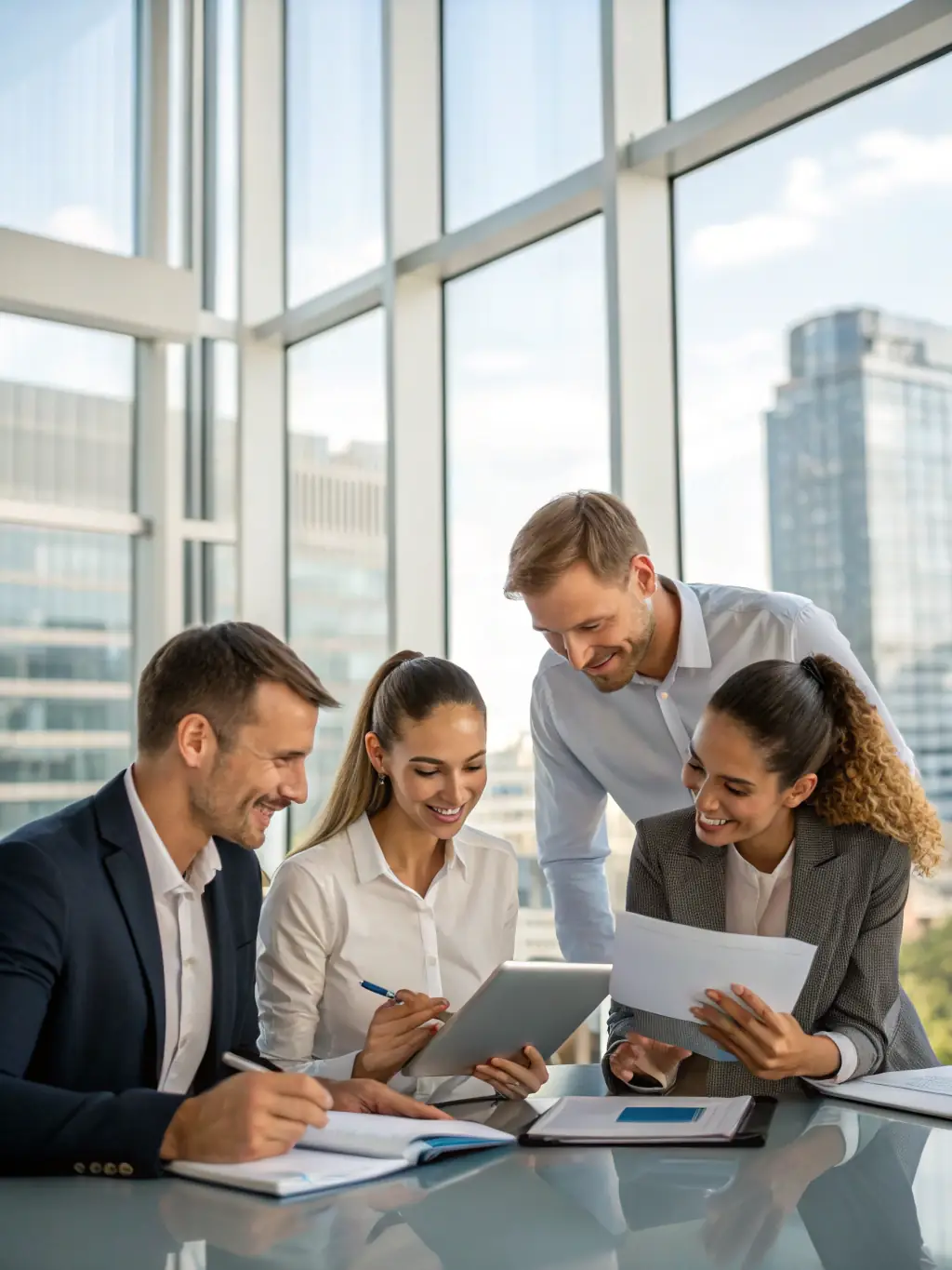 A diverse team of business professionals brainstorming ideas around a table in a modern office, representing collaborative strategy development.