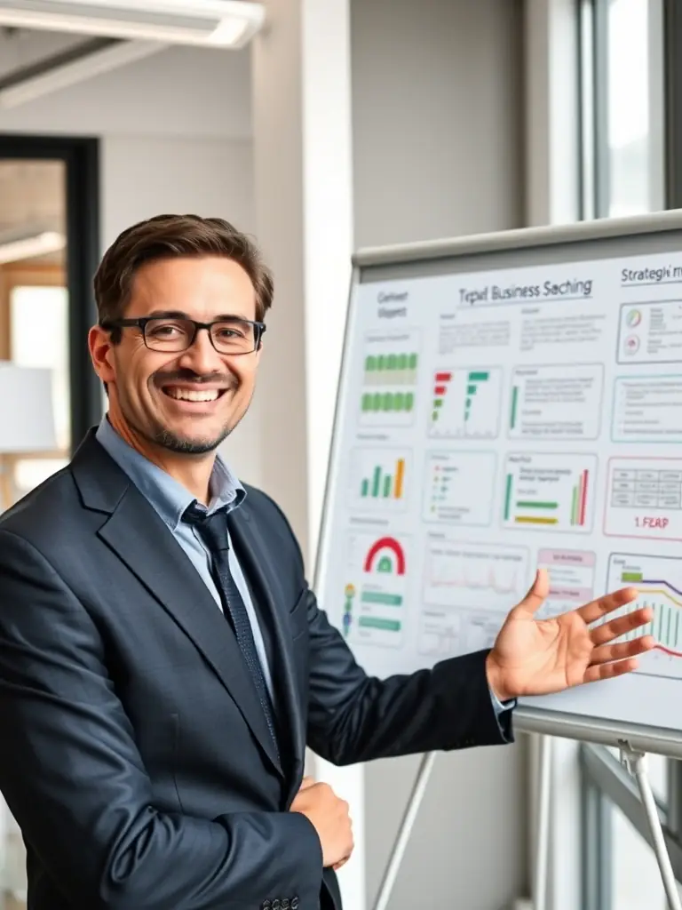 A professional British business coach in a sharp suit, confidently leading a workshop session with diverse participants, showcasing PulseBrit's engaging and dynamic coaching style.